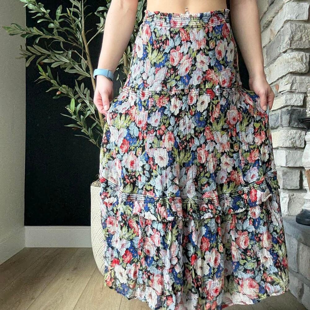 Anthropologie multicoloured floral chiffon tiered maxi skirt